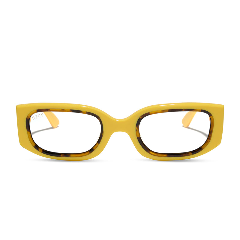 emily in paris x diff eyewear featuring the julien 2.0 rectangle prescription glasses with a citron yellow with tortoise frame front view