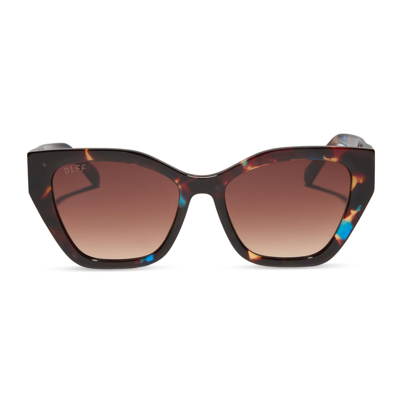 diff eyewear featuring the evie cat eye sunglasses with a confetti tortoise frame and brown gradient lenses front view