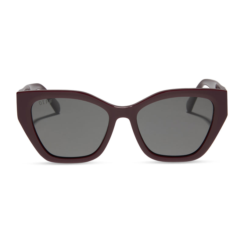 diff eyewear featuring the evie cat eye sunglasses with a dark cherry lacquer frame and grey polarized lenses front view