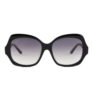 patricia nash x diff eyewear farrah round sunglasses with a black frame and grey gradient lenses front view