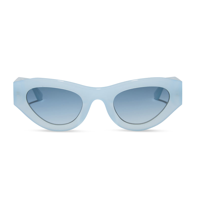 for love & lemons diff eyewear featuring the lucy cat eye sunglasses with a pastel blue acetate frame and blue gradient polarized lenses front view