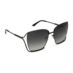 iconica diff eyewear francesca square oversized sunglasses with a metal black frame with black temple tips and grey gradient polarized lenses angled view