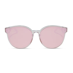 diff eyewear gemma oversized round sunglasses with a opalescent pink acetate frame and cherry blossom mirror lenses front view