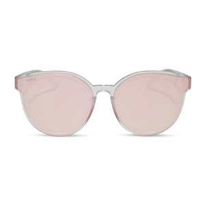 diff eyewear gemma oversized round sunglasses with a opalescent pink acetate frame and cherry blossom mirror lenses front view