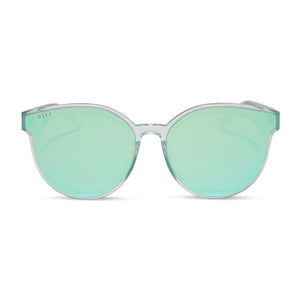diff eyewear gemma oversized round sunglasses with a opalescent turquoise acetate frame and turquoise mirror lenses front view