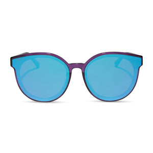 diff eyewear featuring the gemma round sunglasses with a posh purple crystal frame and purple mirror lenses front view
