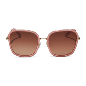 diff eyewear featuring the genevive square sunglasses with a guava pink frame and brown gradient lenses front view