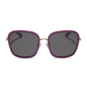 diff eyewear genevive square oversized sunglasses with a posh purple crystal frame and grey lenses front view