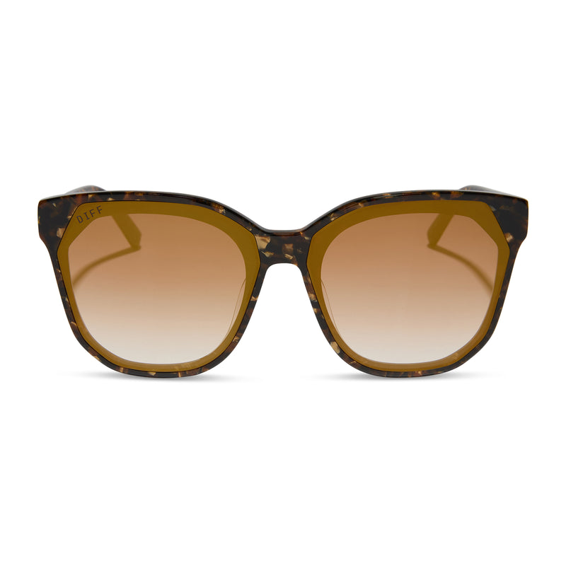 diff eyewear featuring the gia square sunglasses with a glitter tortoise frame and brown gradient with gold flash lenses front view