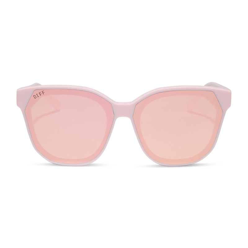diff eyewear featuring the gia square sunglasses with a powder pink frame and cherry blossom mirror lenses front view