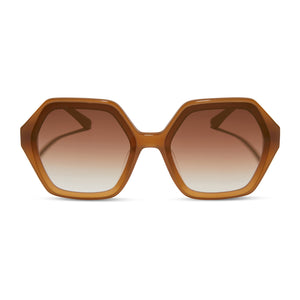 diff eyewear featuring the gigi hexagon sunglasses with a salted caramel frame and gold flash lenses front view
