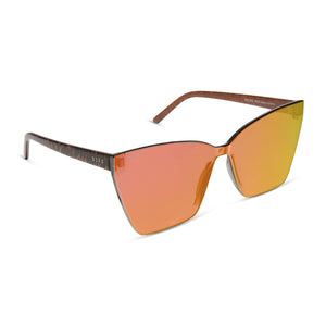 diff eyewear featuring the goldie cat eye sunglasses with a animal frame and red hot summer mirror lenses angled view