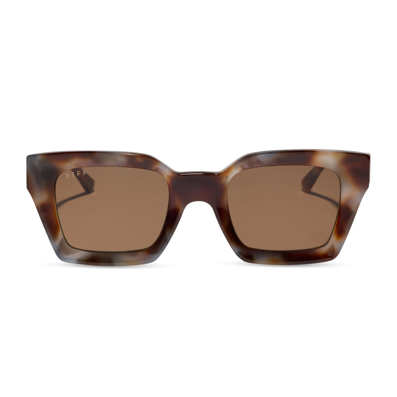diff eyewear greer square sunglasses with a dove tortoise acetate frame and brown lenses front view