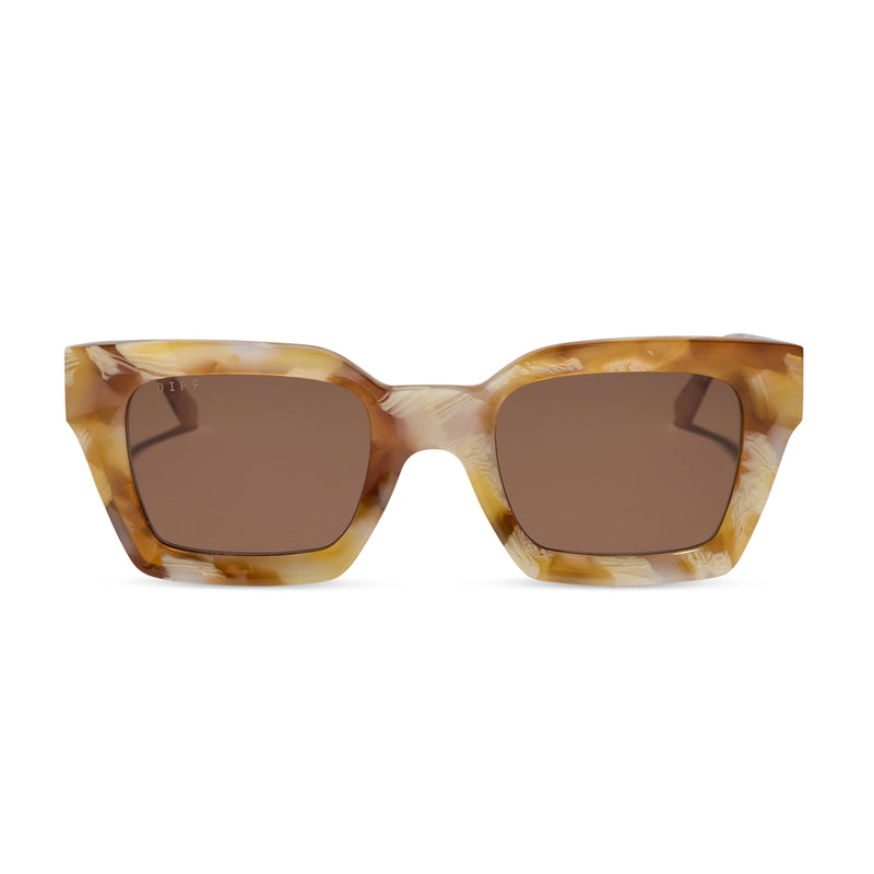diff eyewear featuring the greer square sunglasses with a gilded tortoise frame and brown polarized lenses front view