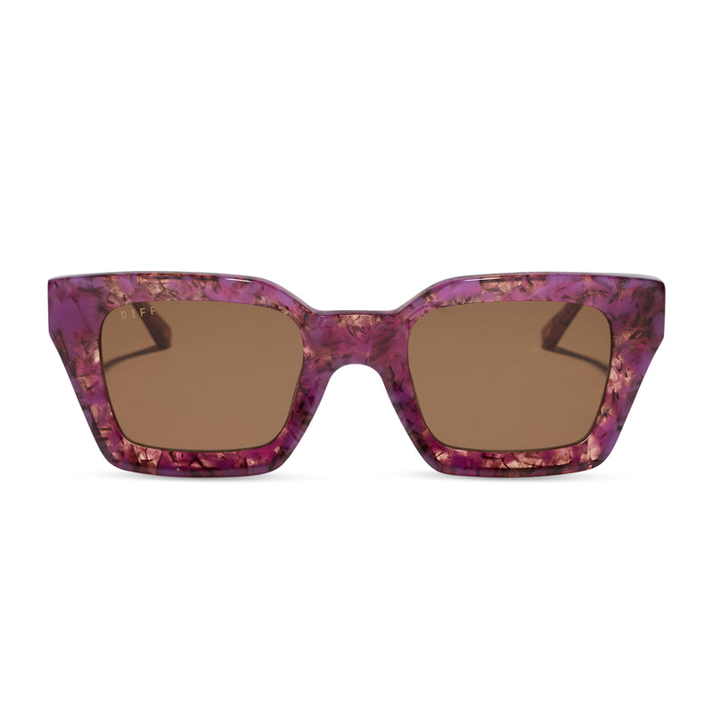 diff eyewear greer square sunglasses in a lavender haze tortoise acetate frame and brown lenses front view