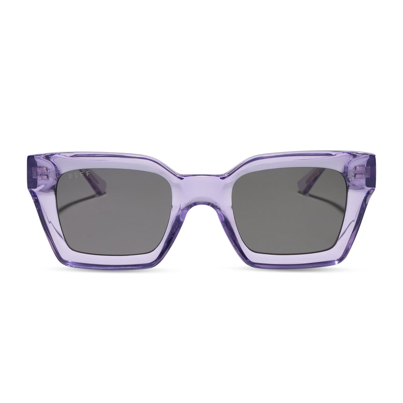 diff eyewear greer square sunglasses with a lilac crystal purple acetate frame and grey polarized lenses front view