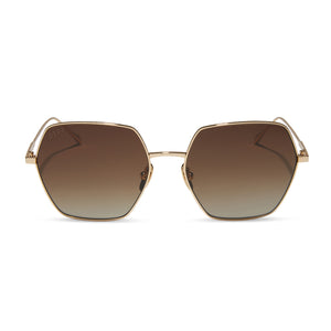 diff eyewear featuring the harlowe hexagon sunglasses with a gold frame and brown gradient polarized lenses front view