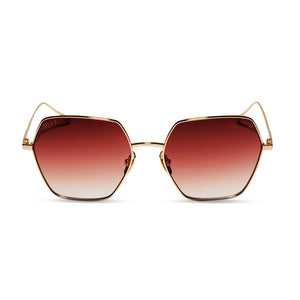 diff eyewear featuring the harlowe square sunglasses with a gold metal frame and peach dusk gradient lenses front view