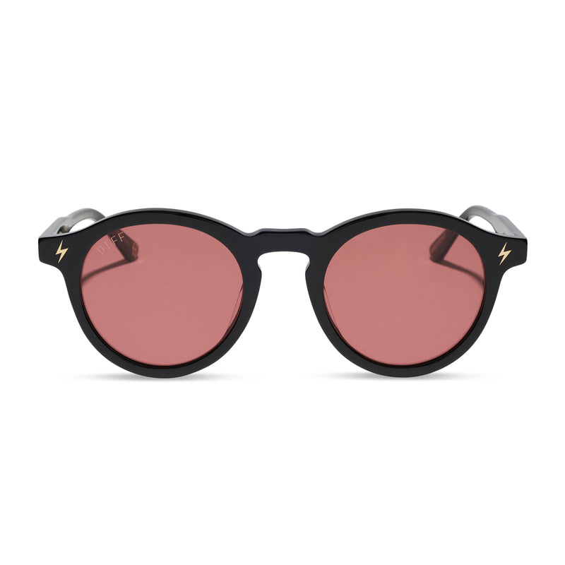 diff eyewear x harry potter birthday round sunglasses with a black acetate frame and dusk pink lenses front view