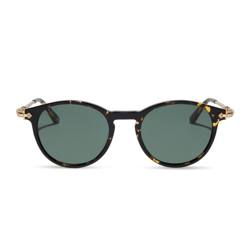diff eyewear x harry potter featuring house hufflepuff 2.0 round sunglasses with a tortoise frame and g15 lenses front view