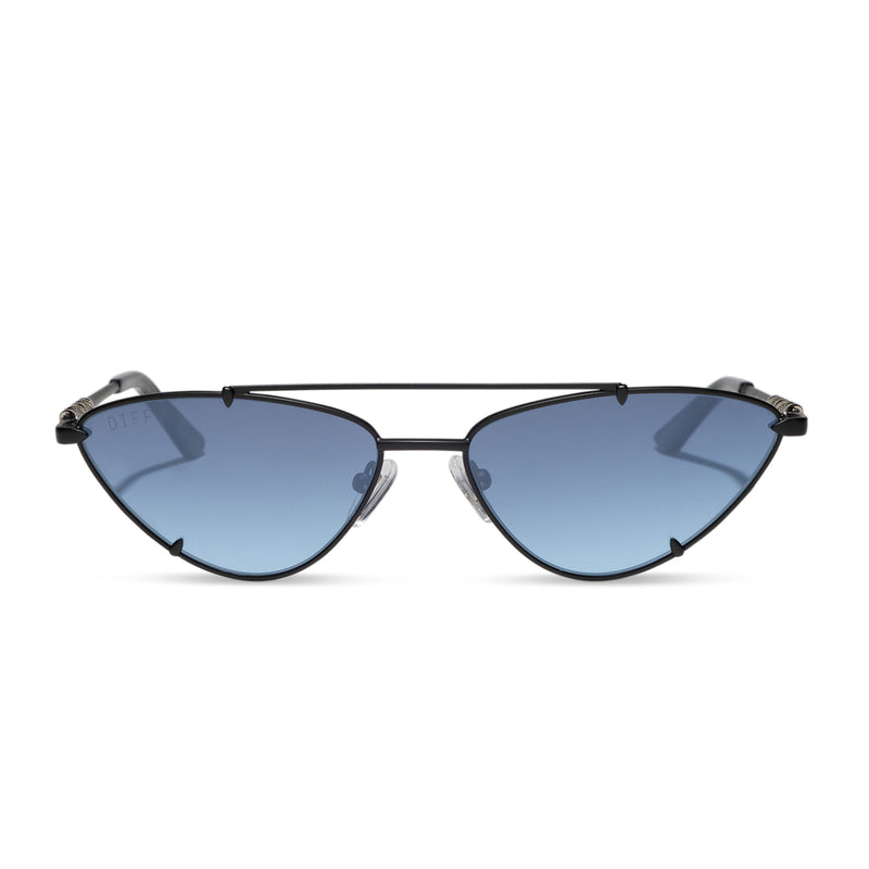 diff eyewear x harry potter featuring house ravenclaw 2.0 cat eye sunglasses with a matte black frame and dark blue gradient with silver flash lenses front view