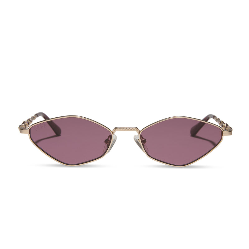 harry potter x diff eyewear featuring professor dumbledore sunglasses with a gold frame and aubergine lenses front view