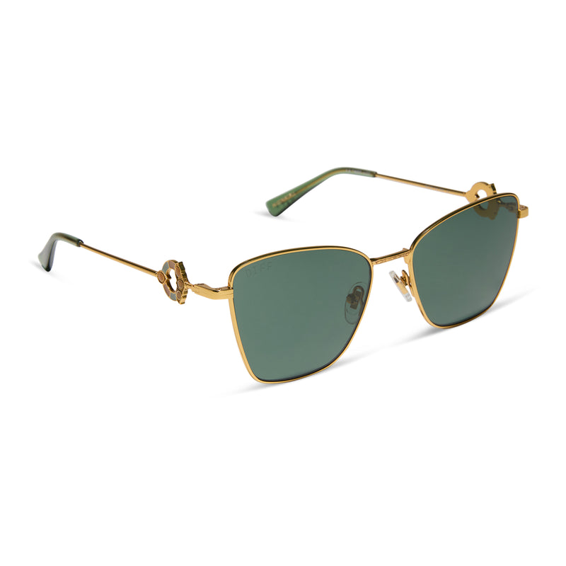 harry potter x diff eyewear featuring professor mcgonagall cat eye sunglasses with a gold frame and g15 lenses angled view