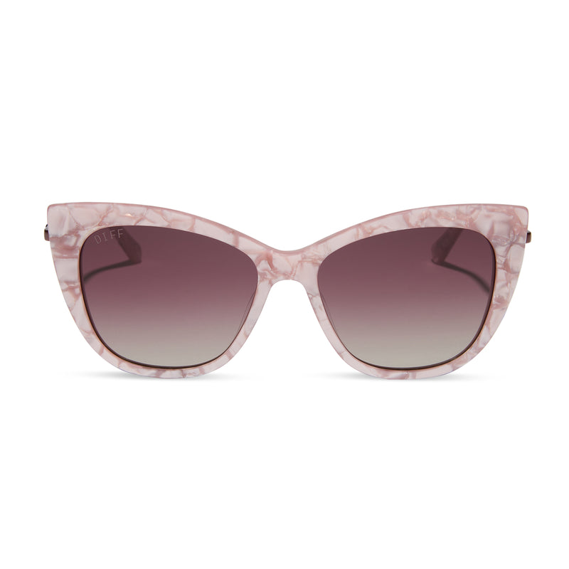 harry potter x diff eyewear featuring professor umbridge cat eye sunglasses with a pink mother of pearl frame and wine gradient lenses front view