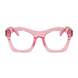 diff eyewear hayden square prescription glasses with a candy pink crystal frame front view