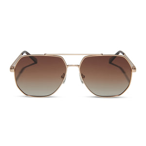 laura beverlin x diff eyewear hendrix aviator sunglasses with a matte gold frame and brown gradient polarized lenses front view