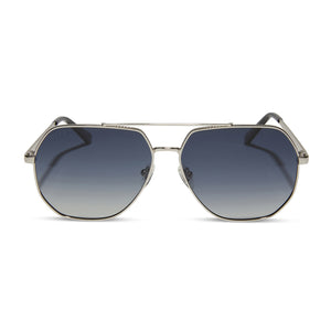 laura beverlin x diff eyewear hendrix aviator sunglasses with a silver frame and blue to grey gradient polarized lenses front view