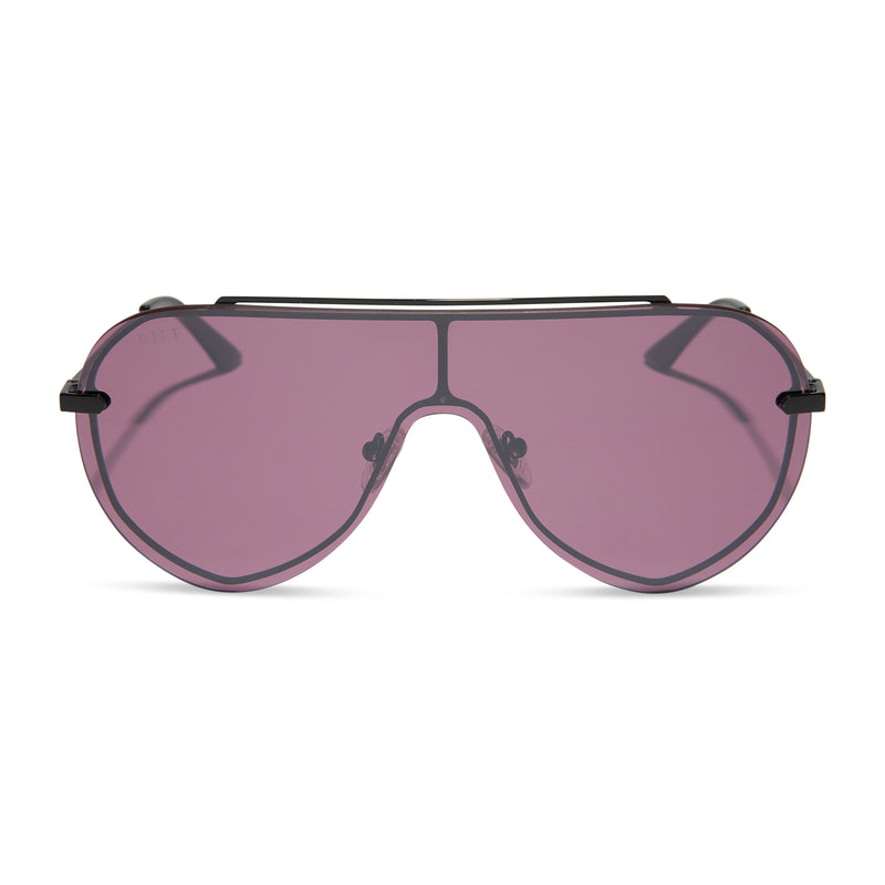 diff eyewear imani shield sunglasses black & aubergine silver flash front view