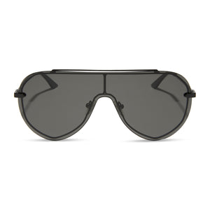 diff eyewear featuring the imani shield sunglasses with a black frame and grey lenses front view
