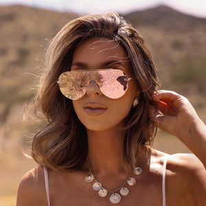 Imani Shield Sunglasses | Gold & Cherry Blossom Mirror | DIFF Eyewear