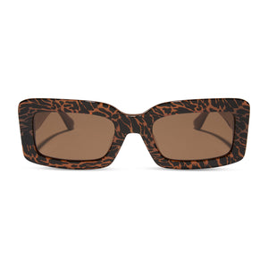 diff eyewear featuring the indy rectangle sunglasses with a animal print frame and brown lenses front view