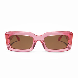 diff eyewear indy square sunglasses with a candy pink crystal frame and brown lenses front view
