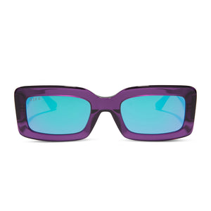 diff eyewear featuring the indy rectangle sunglasses with a posh purple crystal frame and purple mirror lenses front view