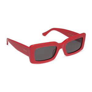 diff eyewear featuring the indy rectangle sunglasses with a sunset bright coral frame and grey lenses angled view