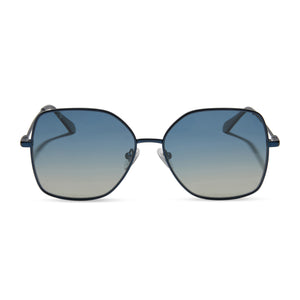 diff eyewear featuring the iris square sunglasses with a deep navy metal frame and aegean blue flash polarized lenses front view