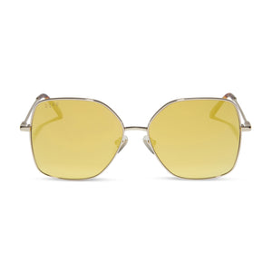 diff eyewear iris square sunglasses with a gold metal frame and brilliant gold mirror lenses front view
