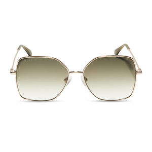 diff eyewear featuring the iris square sunglasses with a shiny gold metal frame and green g15 gradient lenses front view