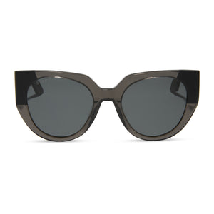diff eyewear featuring the ivy cat eye sunglasses with a black smoke crystal, matte black tips and temple frame and grey polarized lenses front view