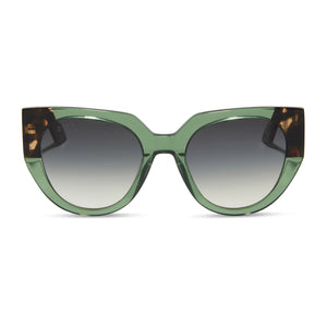 diff eyewear featuring the ivy cat eye sunglasses with a sage crystal, espresso tips and temple frame and grey gradient polarized lenses front view