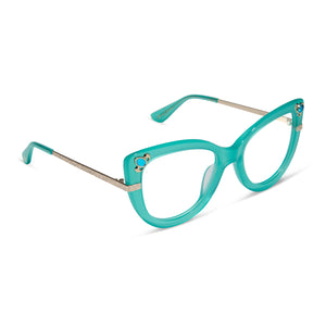 disney princess x diff eyewear featuring the princess jasmine cat eye prescription glasses with a teal frame angled view