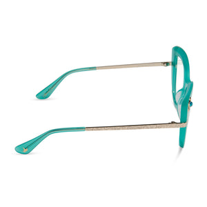 disney princess x diff eyewear featuring the princess jasmine cat eye prescription glasses with a teal frame side view
