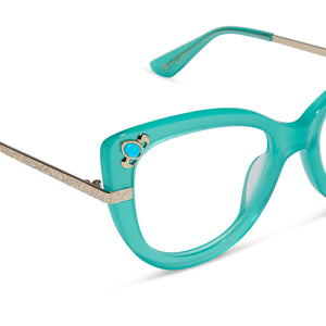 disney princess x diff eyewear featuring the princess jasmine cat eye prescription glasses with a teal frame detailed view
