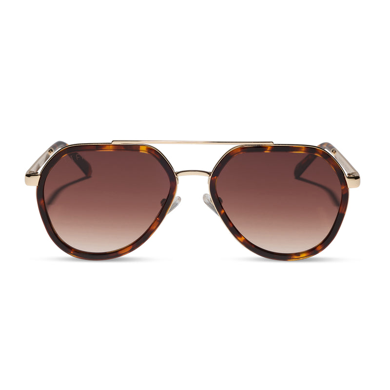 diff eyewear joey round sunglasses with a rich tortoise and gold frame with brown gradient lenses front view