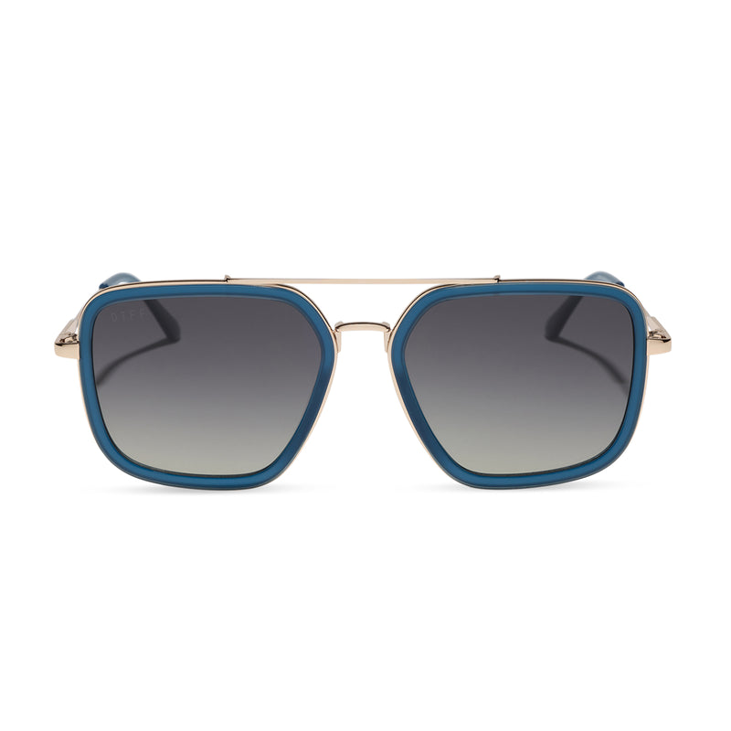 diff eyewear featuring the jordan navigator sunglasses with a clubhouse blue frame and gold metal with grey gradient polarized lenses front view