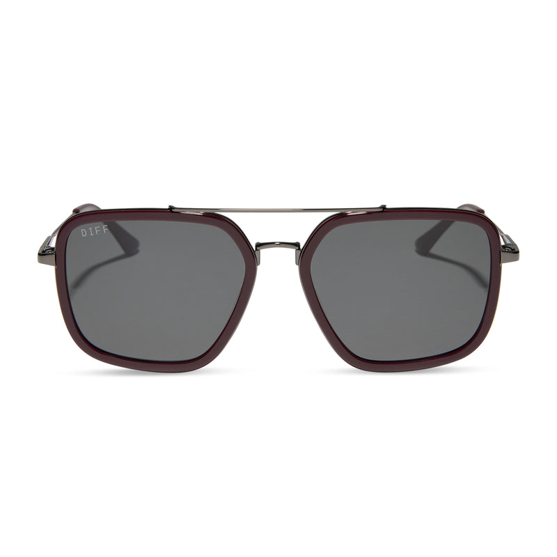 diff eyewear featuring the jordan navigator sunglasses with a dark cherry lacquer frame and grey gradient polarized lenses front view