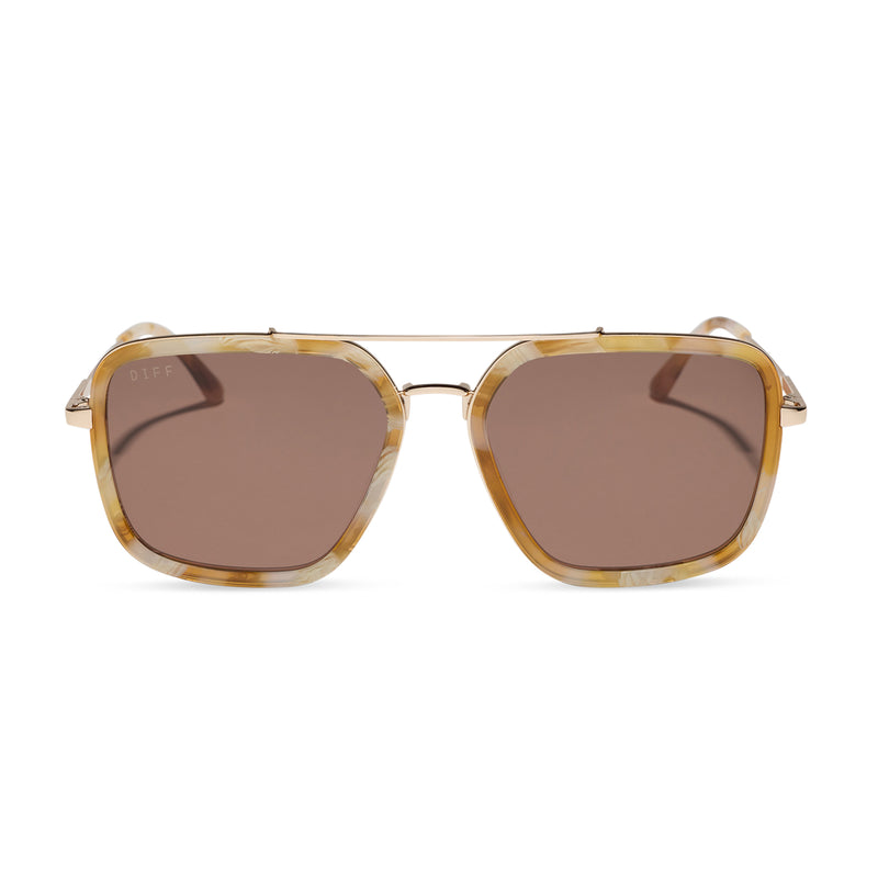 diff eyewear jordan navigator sunglasses with a gilded tortoise acetate and gold metal frame with a brown lens front view